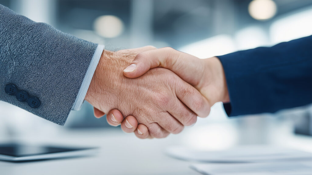 ビジネスパートナーがデスク上で合意の握手を交わす