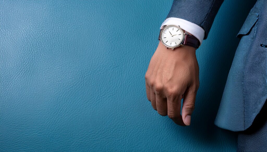 隅に配置されたビジネス用腕時計をつけた腕が、淡いブルーのレザー調背景に溶け込み、上品な清潔感とプロフェッショナルな印象を引き立てます。