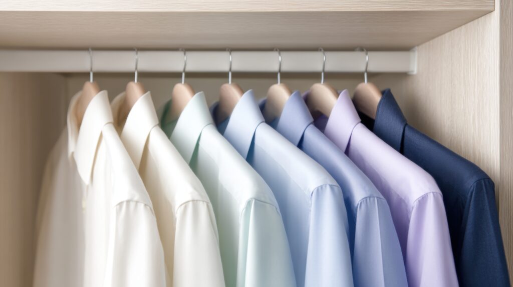 Shirts arranged on hangers in a closet during the day